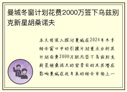 曼城冬窗计划花费2000万签下乌兹别克新星胡桑诺夫 曼城冬窗计划花费2000万签下乌兹别克新星胡桑诺夫