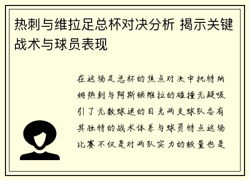 热刺与维拉足总杯对决分析 揭示关键战术与球员表现