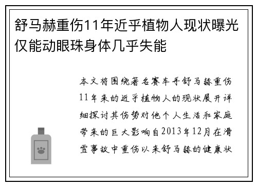 舒马赫重伤11年近乎植物人现状曝光仅能动眼珠身体几乎失能 舒马赫重伤11年近乎植物人现状曝光仅能动眼珠身体几乎失能
