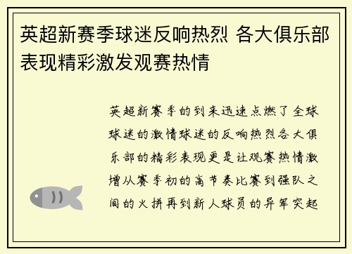 英超新赛季球迷反响热烈 各大俱乐部表现精彩激发观赛热情